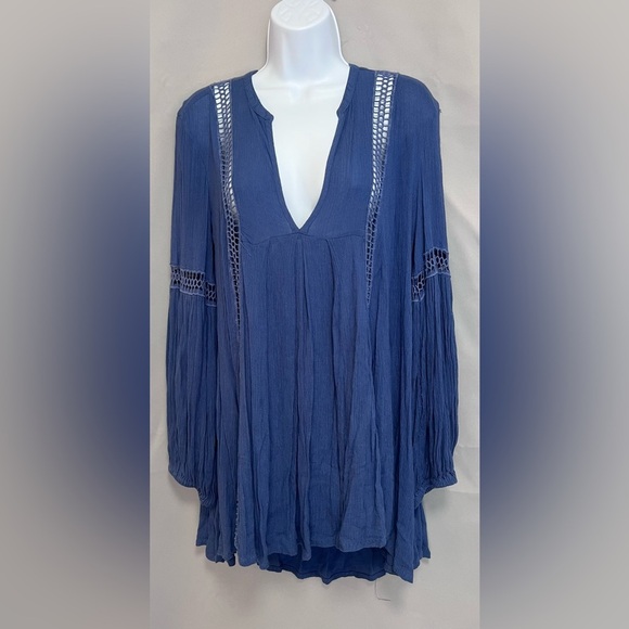 Free People Baby Doll Lace Inset Tunic Sz Small Blue - Picture 2 of 14